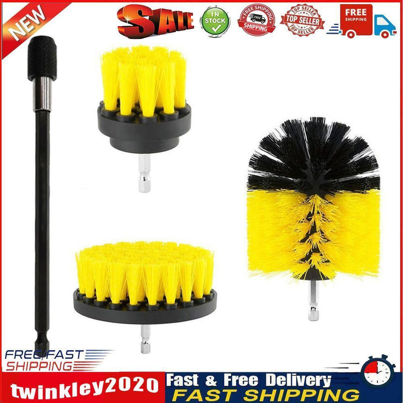 Drill Brush Attachment Set 2 3.5 4 inch Brushes + Extension Rod Kit Yellow Newly