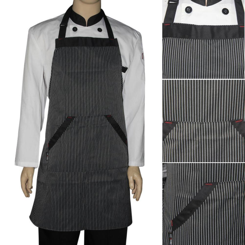 Universal Unisex  Stripe Bib Apron with  Pockets Chef Cook Tool Coffee B