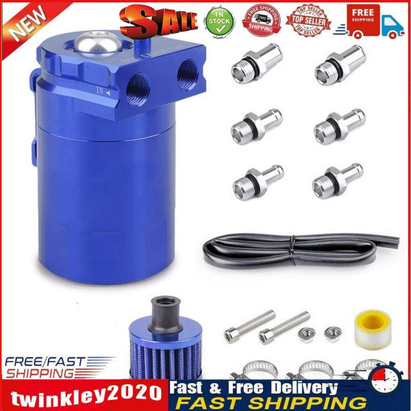 Baffled Car Oil Trap Catch Can Set with Air Filter Hose Fuel Tank (Blue) Newly
