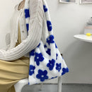 Fashion Women Flower Print Plush Shoulder Bag Winter Large Handbags (Blue)