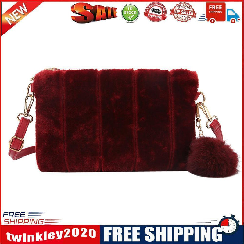 Women Clutch Fur Plush Bag Casual Handbag Winter Crossbody Bag(Wine Red)