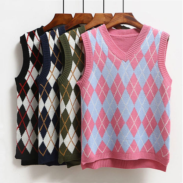 Y2K Preppy Style V Neck Knitwear top Plaid Knitted Sweater Vest Sleeveless