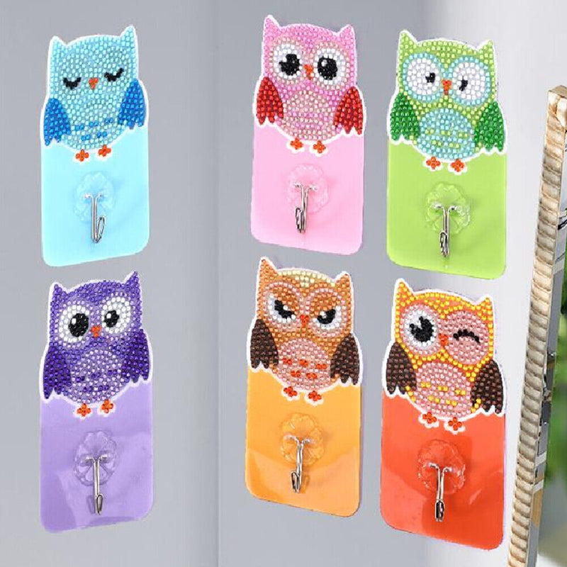 6pcs DIY Hanging Hooks Owl Bird Crystal Round Drill Diamond Painting Hooks Kit