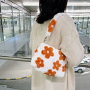 Fashion Flower Print Shoulder Bag Women Winter Plush Small Handbag (Orange)