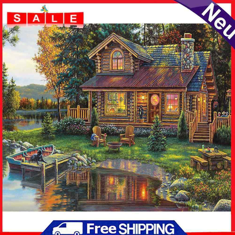DIY Paint By Number Kit Frameless Lake House Scenery Handpainted Wall Hanging