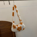 Retro Women Flower Print Shoulder Underarm Bag Winter Plush Purse (Orange)