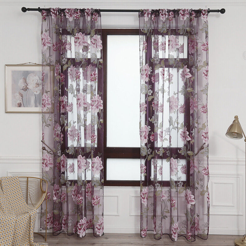 Peony Tulle Curtains for Living Room Floral Window Sheer Curtain (Purple) Newly