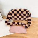 Women Winter Plush Shoulder Bag Cute Print Underarm Bags (Brown Checkered)