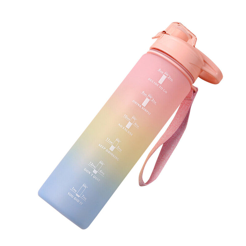 1000ml Sports Water Bottle with Time Marker Outdoor Fitness Cups (Pink) Newly
