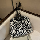Women Fashion Zebra Stripes Cow Print Shoulder Bags Winter Plush Shopping Bag