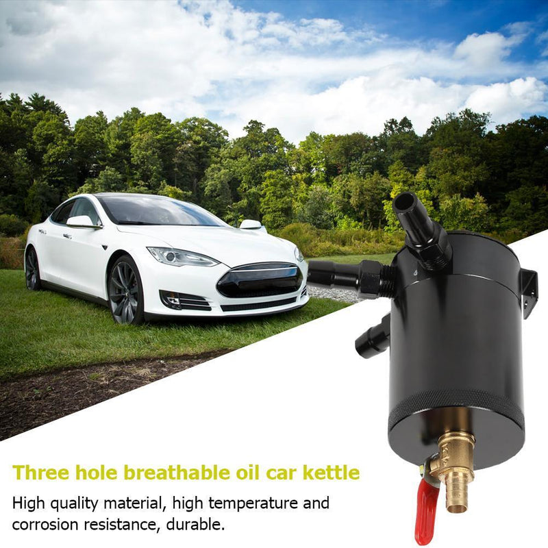 3-Port Baffled Oil Catch Can Tank 2 Inlets 1 Outlet with Drain Valve Black