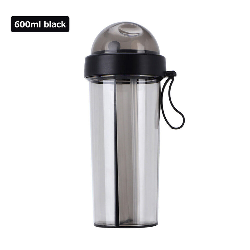 600ml Dual Straw Cup Outdoor Sports Drinking Beverage Water Bottle (Black)