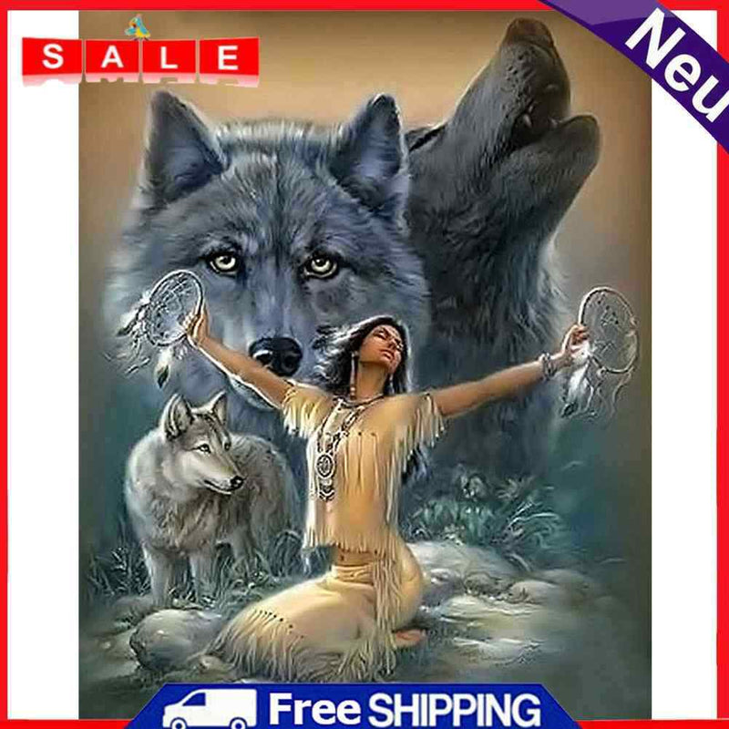 5D DIY Diamond Woman Wolf Full Round Drill Mosaic Wall Art Picture of Rhinestone