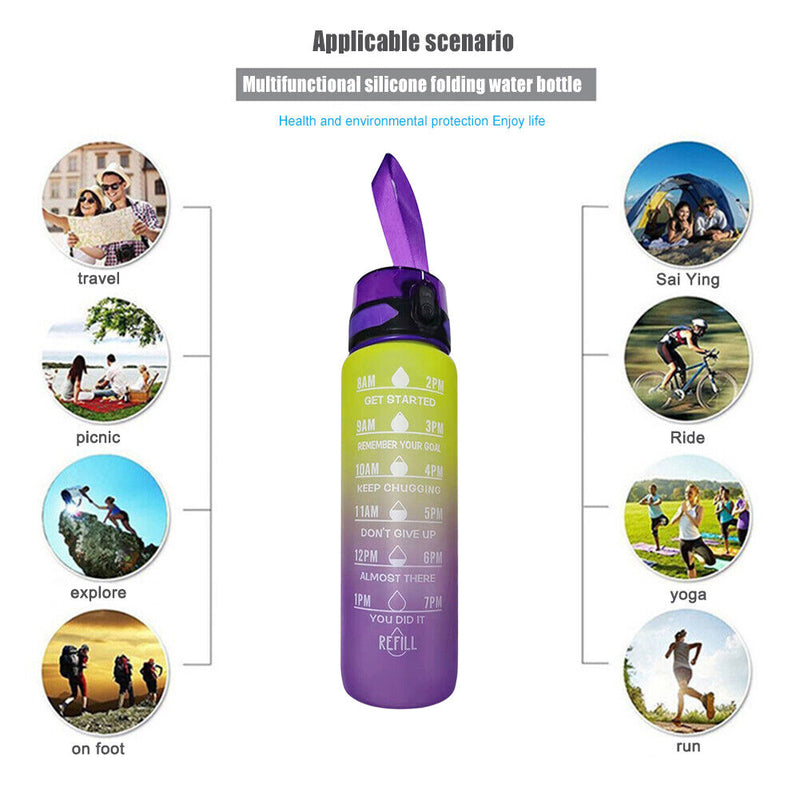 1000ml Sports Water Bottle Time Marker Outdoor Portable Cups (Purple Lid) Newly