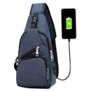 Sports Men Chest Pack Canvas USB Charging Shoulder Handbag/Dark Blue