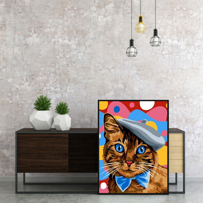 Frameless Oil Paint By Numbers DIY Cat Hat Picture Craft Kit for Living Room