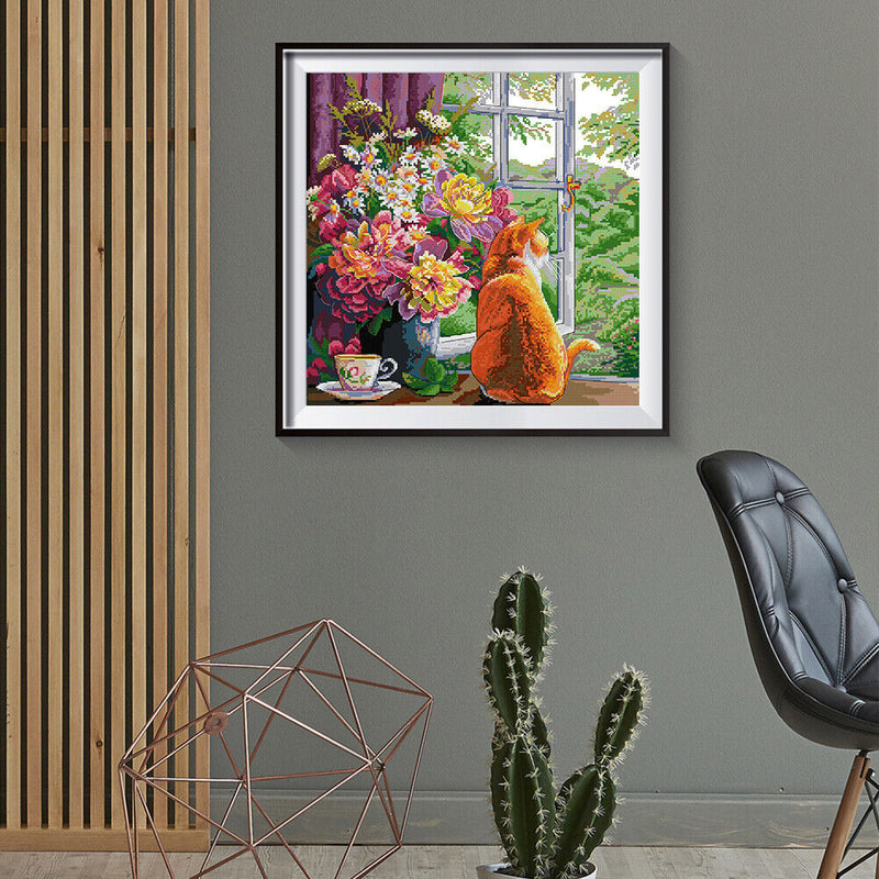 Partial Embroidery 14CT DIY Cat Flowers 2 Strands Kit Stamped Cross Stitch Craft