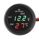 3 in1 12/24V Car LED Digital Voltmeter Gauge+Thermometer+USB Charger(Green)