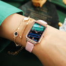 Fashion PU Strap Women Square Quartz Analog Casual Watch + Bracelet (Pink) Newly