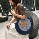 Women Color Patchwork Woven Round Straw Rattan Bag Shoulder Crossbody Handbag