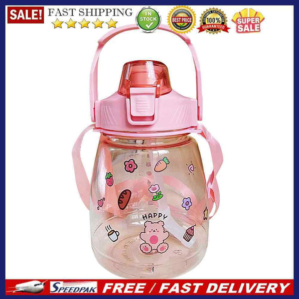 1300ml Drinking Water Bottle with Stickers Straw Cute Big Belly Water Jug C