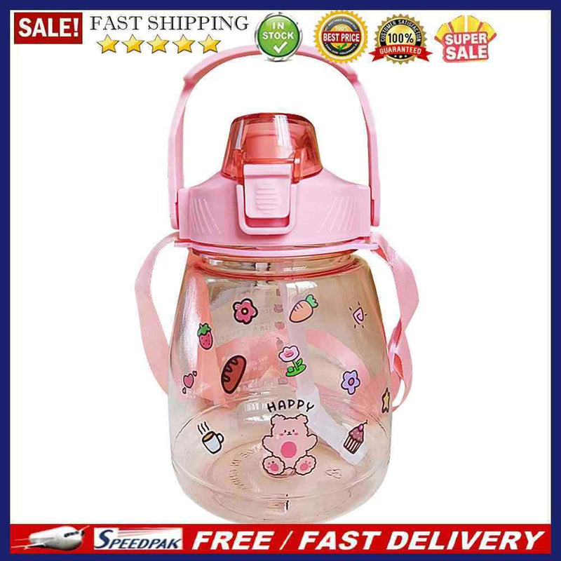 1300ml Drinking Water Bottle with Stickers Straw Cute Big Belly Water Jug C