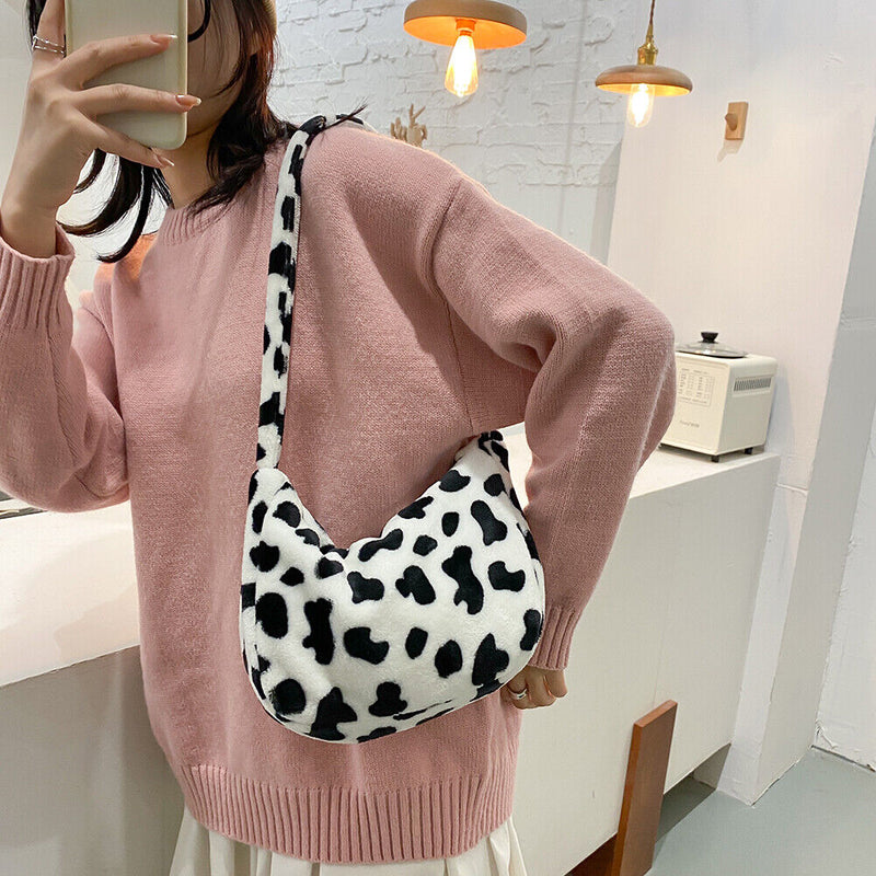 Casual Cow Printed Handbag Women Shoulder Crossbody Bag Plush Dumpling Tote