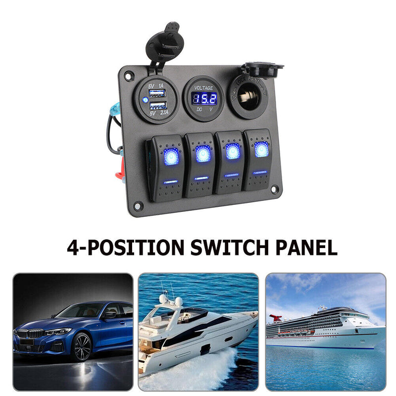 4 Gang Rocker Switch Panel Outlet Combination Switch (Blue Digital Display)