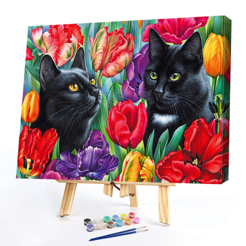 Black Cat in Flowers Oil Paint By Numbers Kit DIY Acrylic Painting Picture