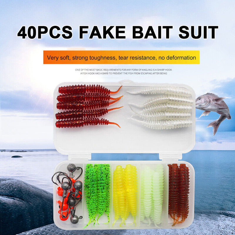 40pcs Soft Fishing Lure Kit Jig Head Hook Bait with Tackle Box (Style A)