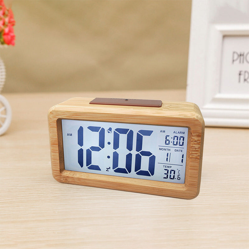 Digital Wooden Alarm Clock, Sensor Backlight Time Display Electronic Clocks