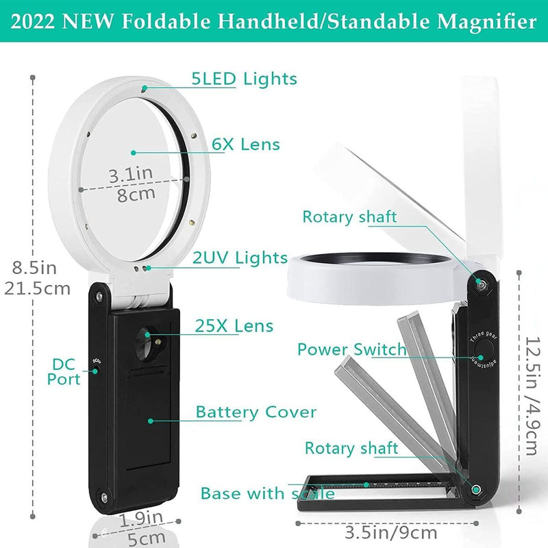 with LED Light and Stand Shatterproof Magnify Glass Handheld Foldable Magnifier