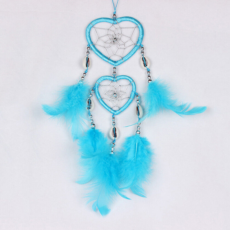 2 Circle Heart Shape Handmade Dream Catcher with Feathers Decor Craft Blue Newly