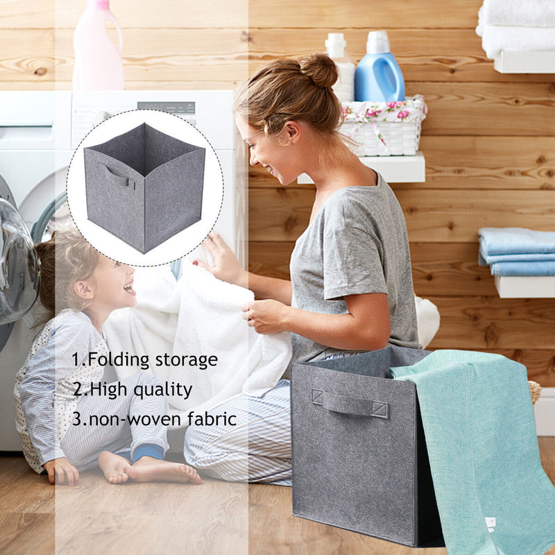 Storage Basket Bins - Foldable Storage Boxes with Handles - Rectangular (Grey)