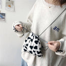 Women Plush Crossbody Bag Cow Print Casual Shoulder Drawstring Mini Handbags
