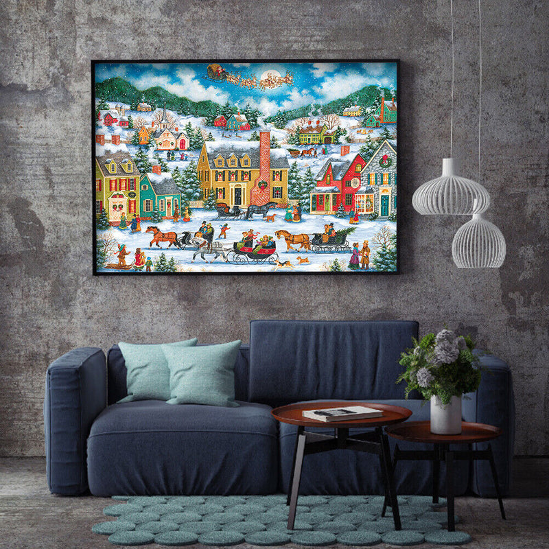 Town Snow Scene 11CT Stamped DIY Embroidery Full Cross Stitch Home Decorati