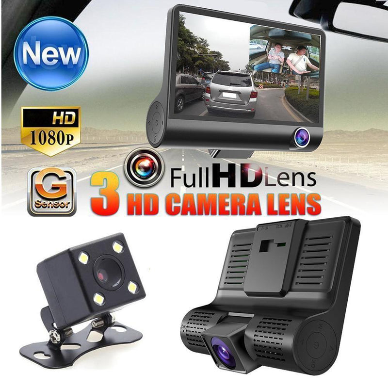 4"" 1080p HD 170° 3 Lens Car DVR Dash G-Sensor Recorder + Rear View Camera