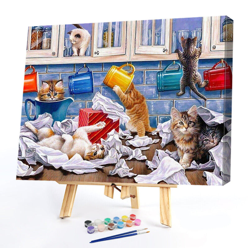 Painting By Numbers DIY Kit Naughty Cat Canvas Oil Art Picture Home Wall Decor