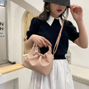 Women Retro Pleated Solid Color PU Shoulder Crossbody Bag Handbag (Khaki)