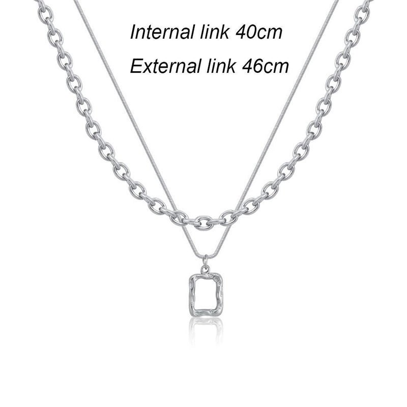 Women Jewelry Square Pendant Double Layer Multilayer Necklace Long Link Chain