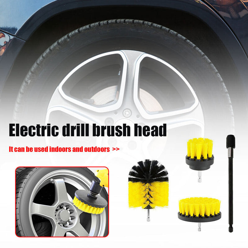 Drill Brush Attachment Set 2 3.5 4 inch Brushes + Extension Rod Kit Yellow Newly