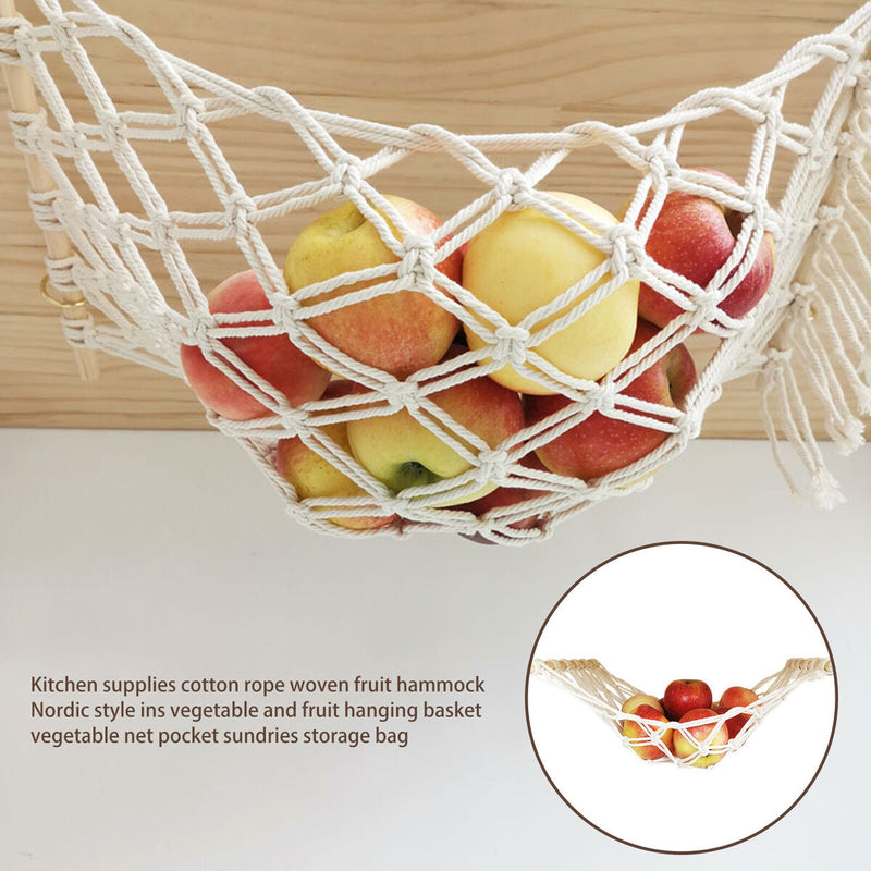 Hanging Fruit Hammock Fruit Basket with Hooks Under Cabinet (Beige 30x50cm)