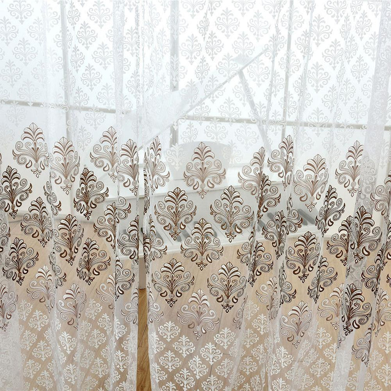 Flower Offset Printing Sheer Yarn Tulle Voile Curtain Window Screen(Coffee)