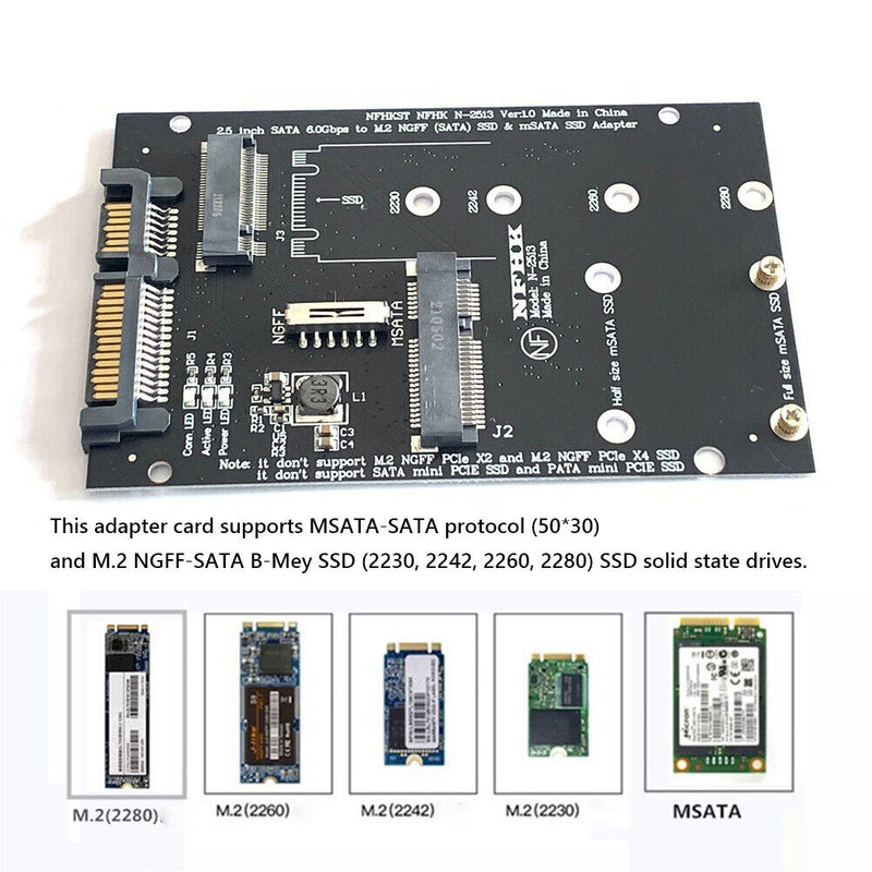 M.2 MSATA SSD to SATA 7 15Pin 2.5"" Adapter Card 2 in 1 Computers Converter