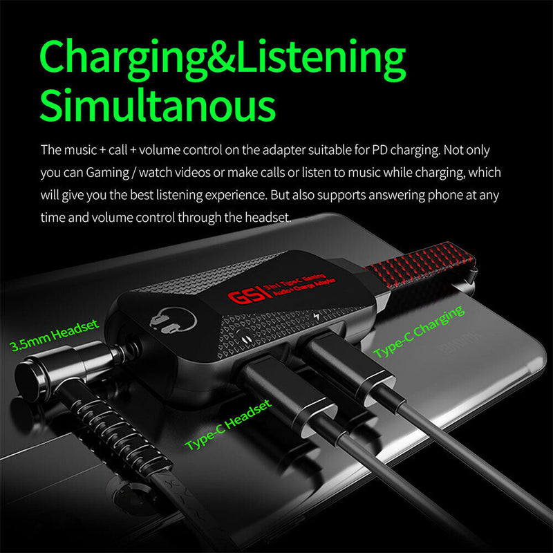 GS1 3 in 1 Type-C to 3.5mm Audio Cable Fast Charge Phone Game Sound Card Adapter