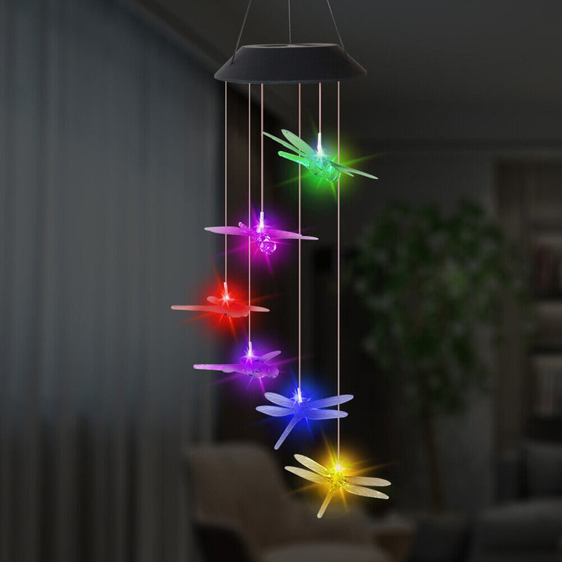 Waterproof Wind Chime Solar Power Lamp Color Changing Dragonfly Pendant Lig
