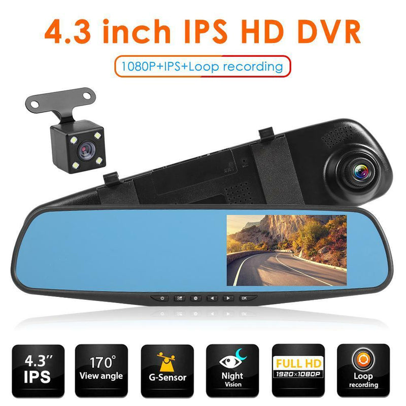 Dual Lens 1080P 4.3" IPS Car DVR Rearview Mirror Camera Dash Cam Video Recorder