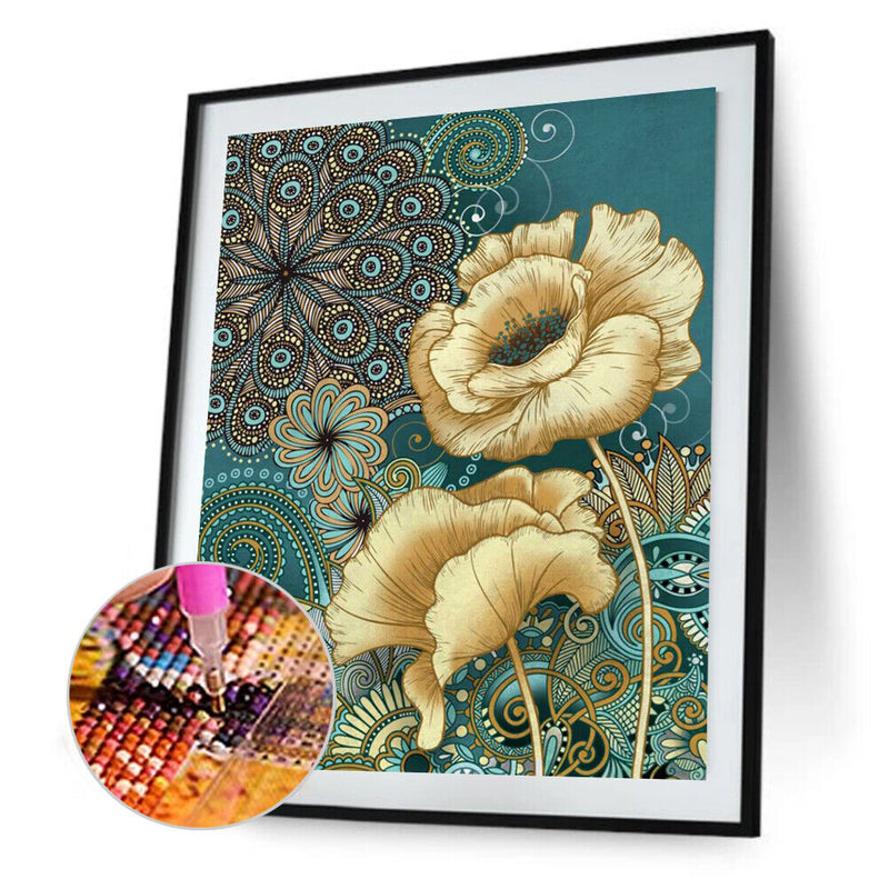 DIY Blue Printed Flowers Mosaic Full Round Diamond Drawing Handmade Rhinestone