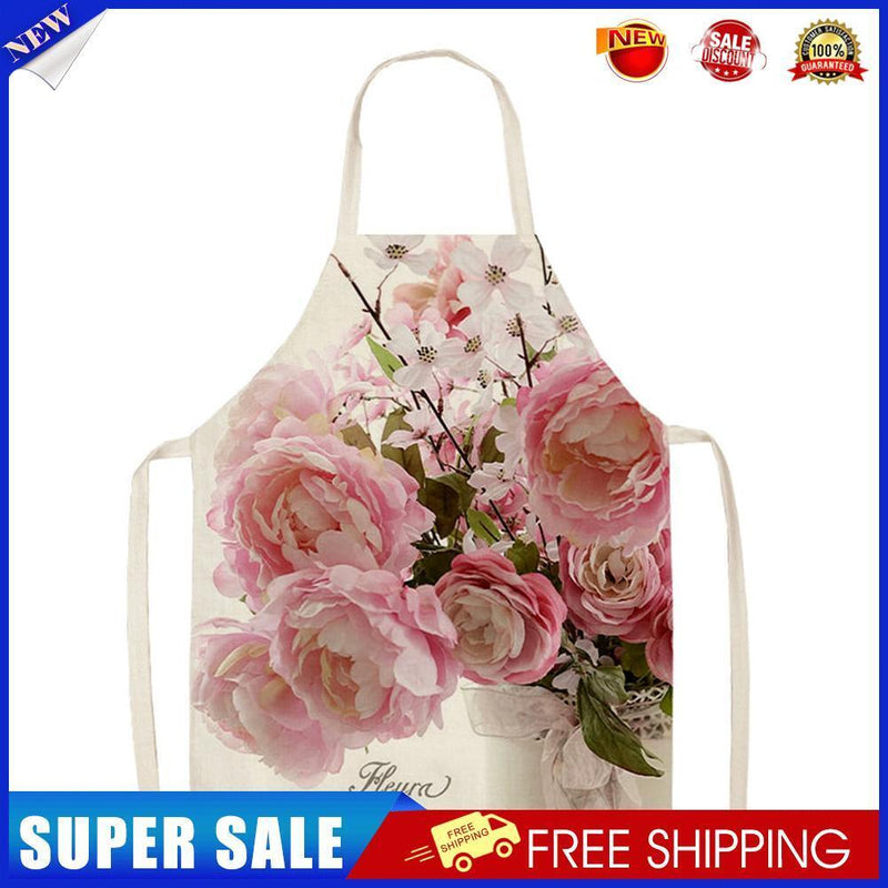 Pink Flower Print Apron Linen Waterproof Cooking Bibs Kitchen (82x68cm)