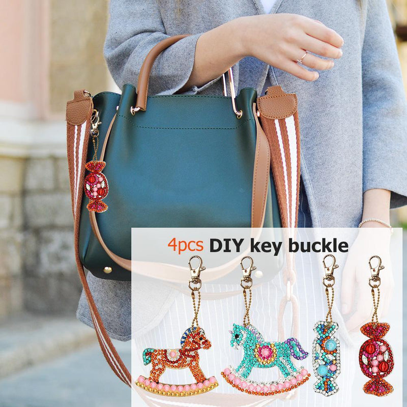 4pcs DIY Full Drill Special Shaped Diamond Painting Horse Candy Keychains Newly